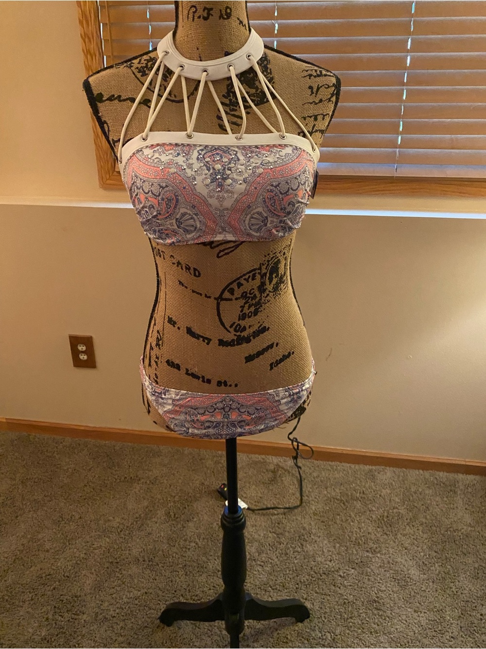 Women’s 3pc Paisley Strappy Halter Bikini Top and Coverup - White & Pink